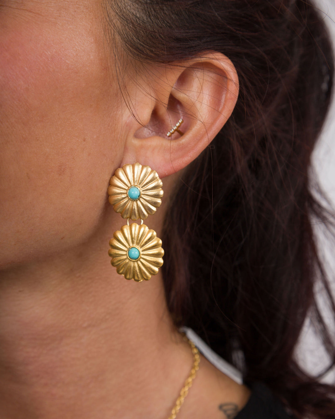 Susan Shaw Gold Double Concho Earrings - Turquoise