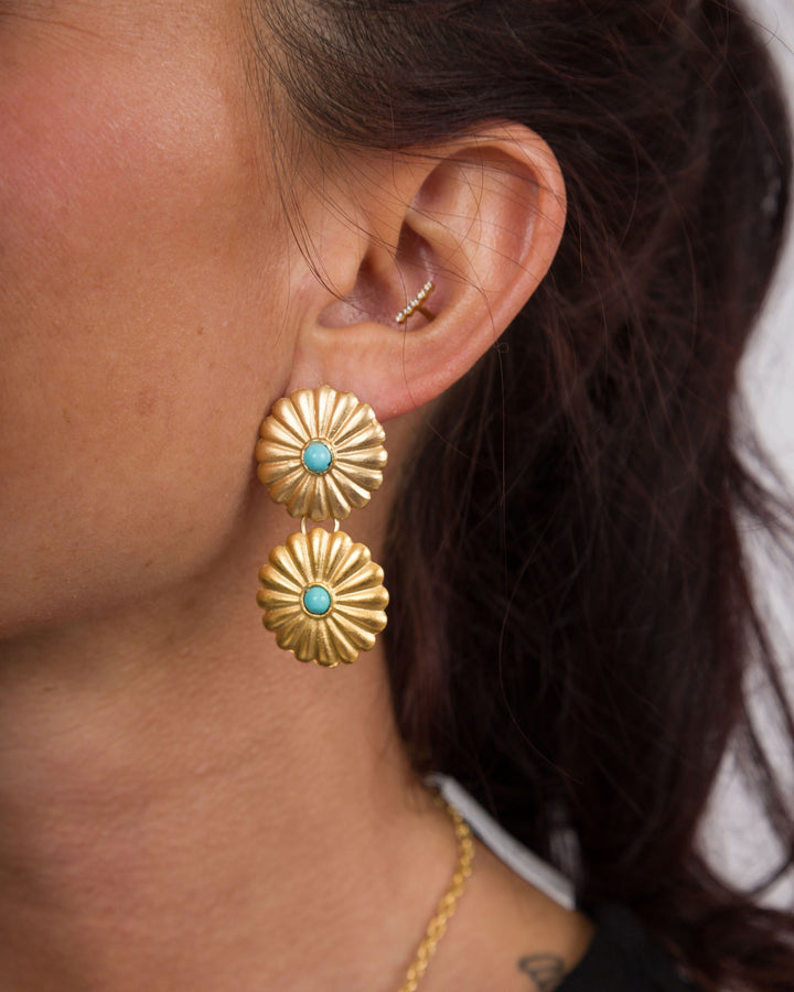 Susan Shaw Gold Double Concho Earrings - Turquoise