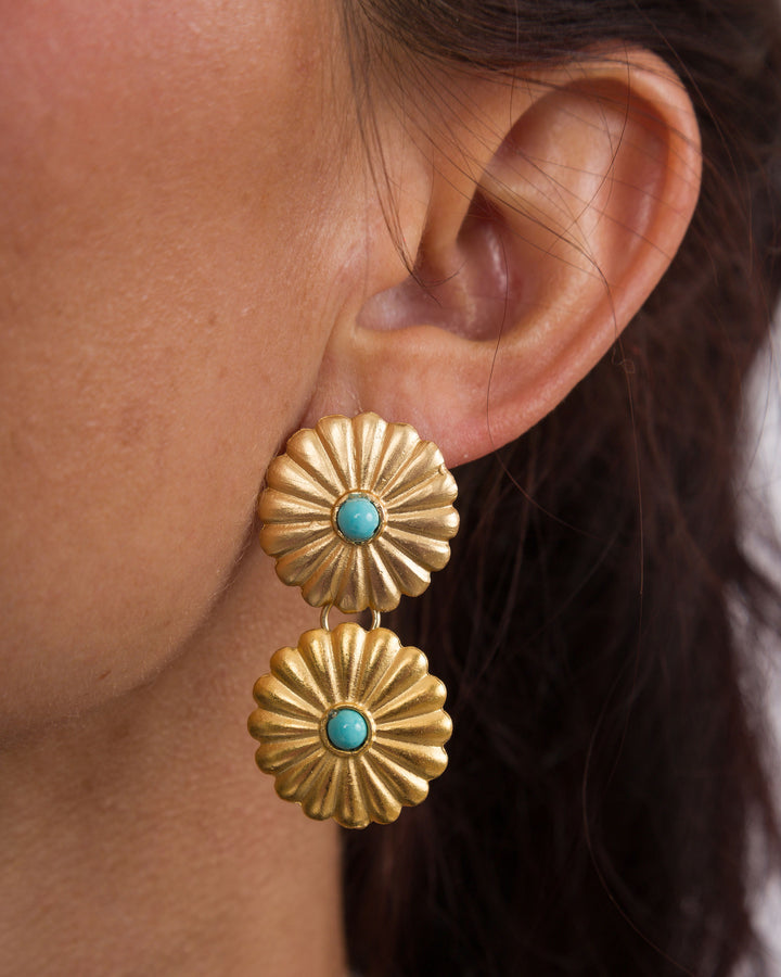 Susan Shaw Gold Double Concho Earrings - Turquoise