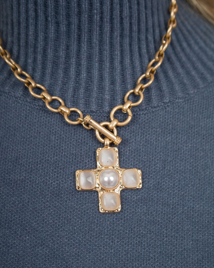 Byzantine Cross Necklace White &amp; Gold
