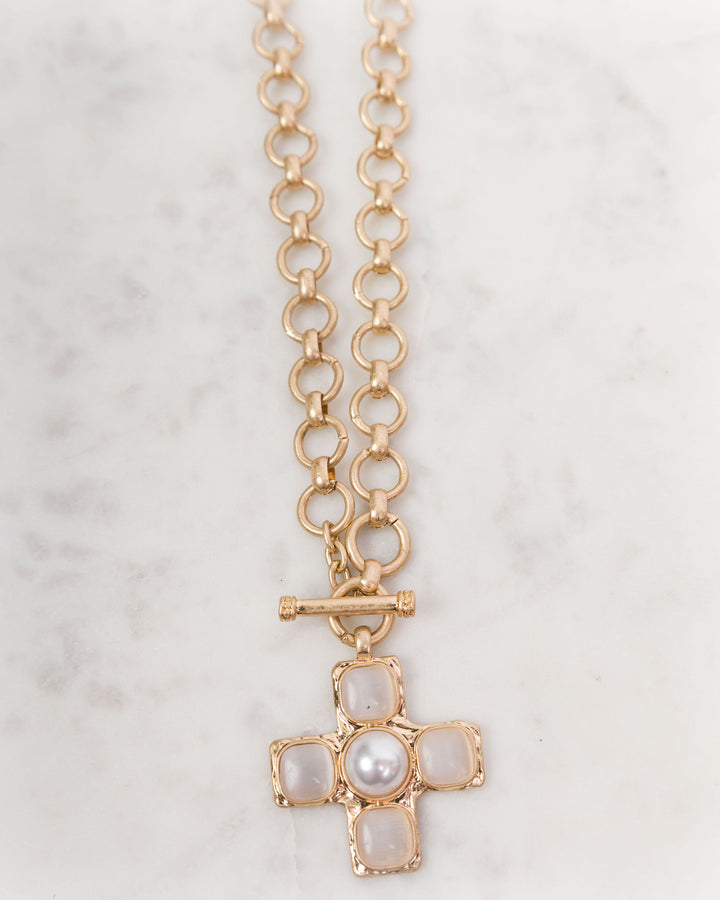 Byzantine Cross Necklace White &amp; Gold