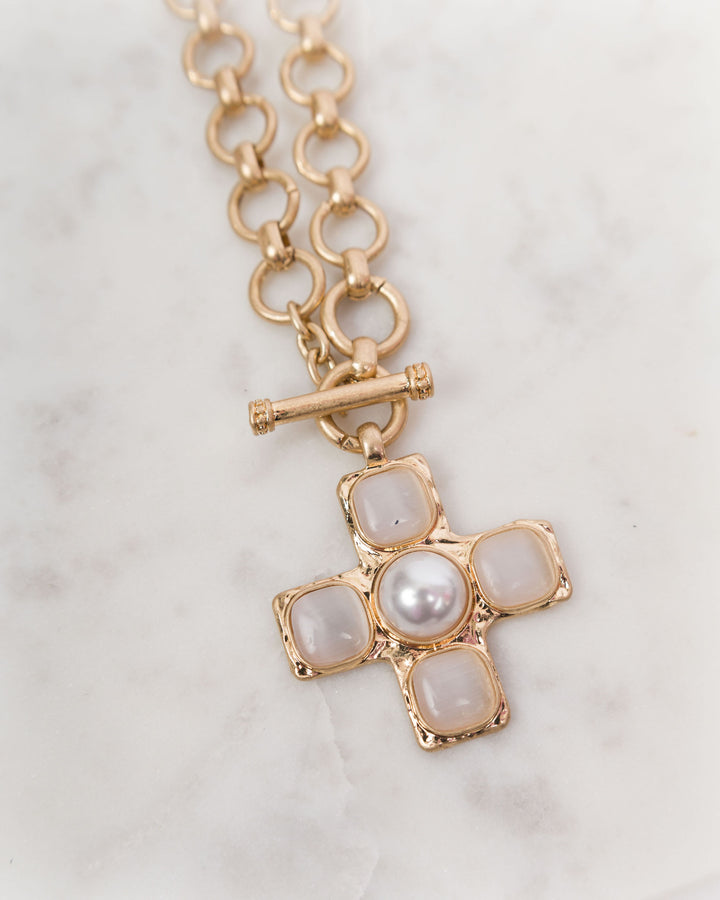 Byzantine Cross Necklace White &amp; Gold