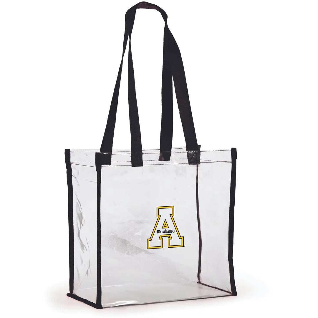 A clear plastic tote bag with black handles and black trim, featuring a gold and white block letter 'A' logo outlined with 'Buckeye' on the front, set against a plain white background.