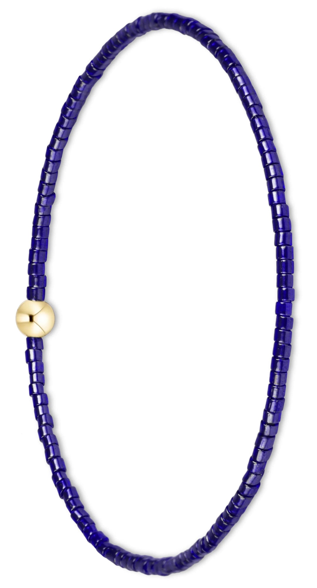 A beaded necklace made of small dark blue faceted beads with a single gold-toned round bead clasp, shown on a plain white background.
