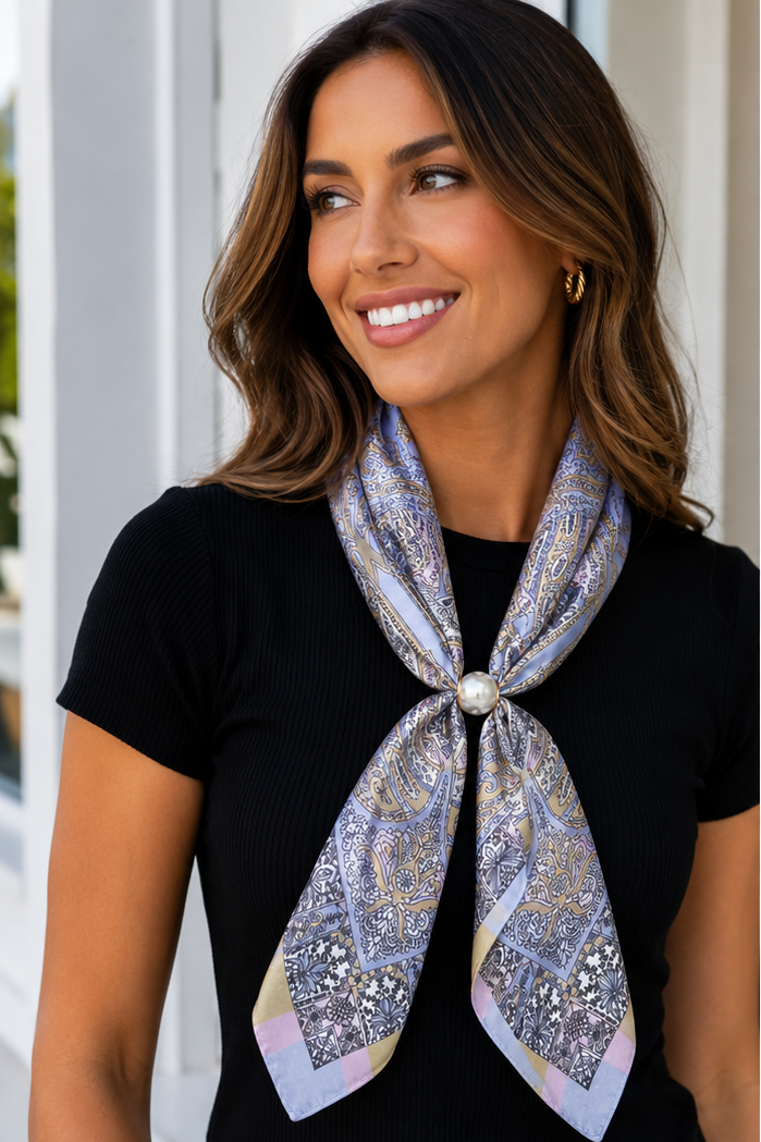 Magnetic Pearl Scarf - Light Blue and Gold