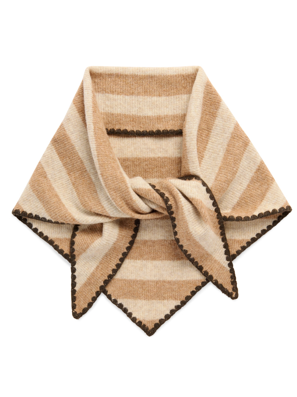 A striped knit scarf in beige and tan with dark brown pom-pom trim, tied in a knot on a white background.