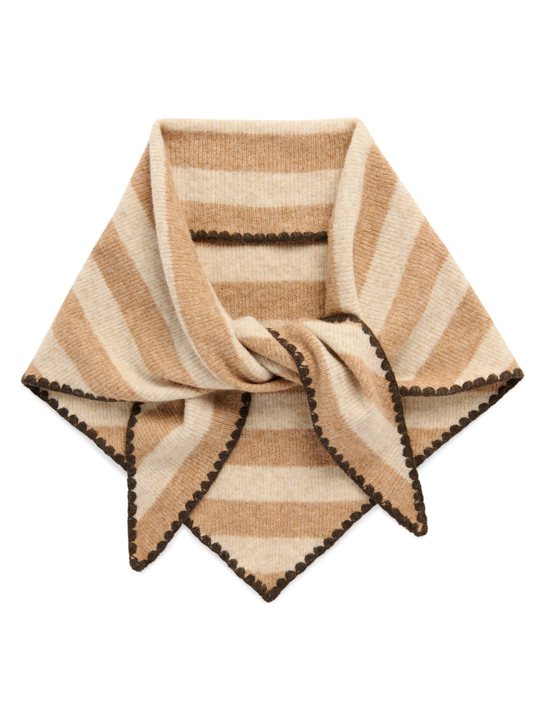 A striped knit scarf in beige and tan with dark brown pom-pom trim, tied in a knot on a white background.