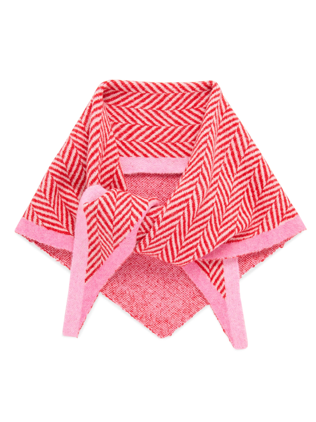 A pink and red herringbone patterned pet bandana with solid pink trim and tie straps, shown on a clean white background.