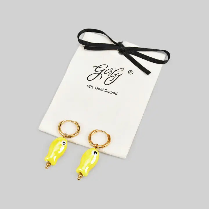 Yellow Ceramic Fish Charm Hoop Earrings