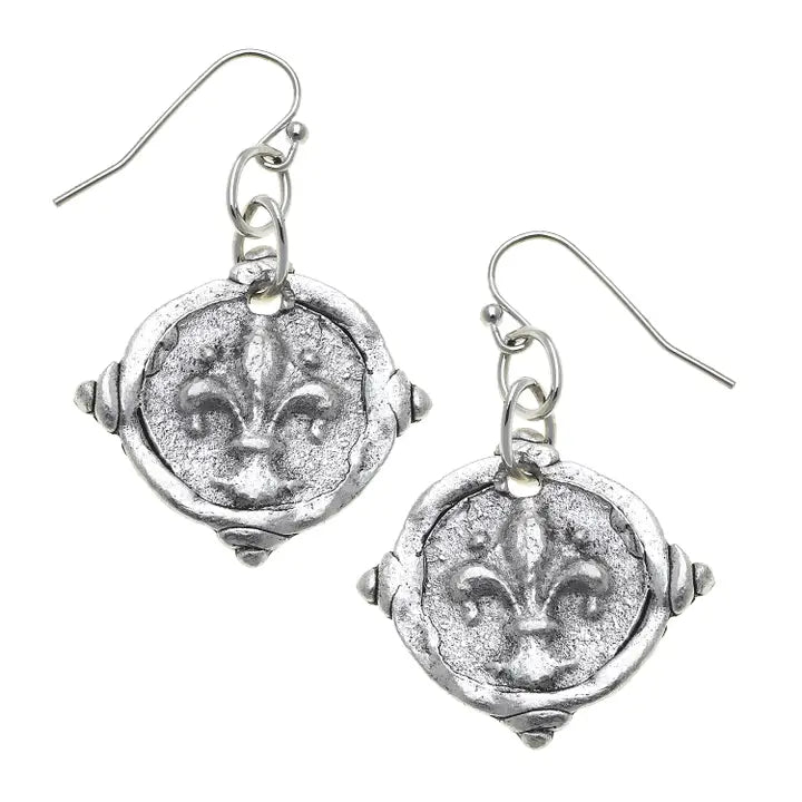 Susan Shaw Fleur De Lis Intaglio Earrings - Silver