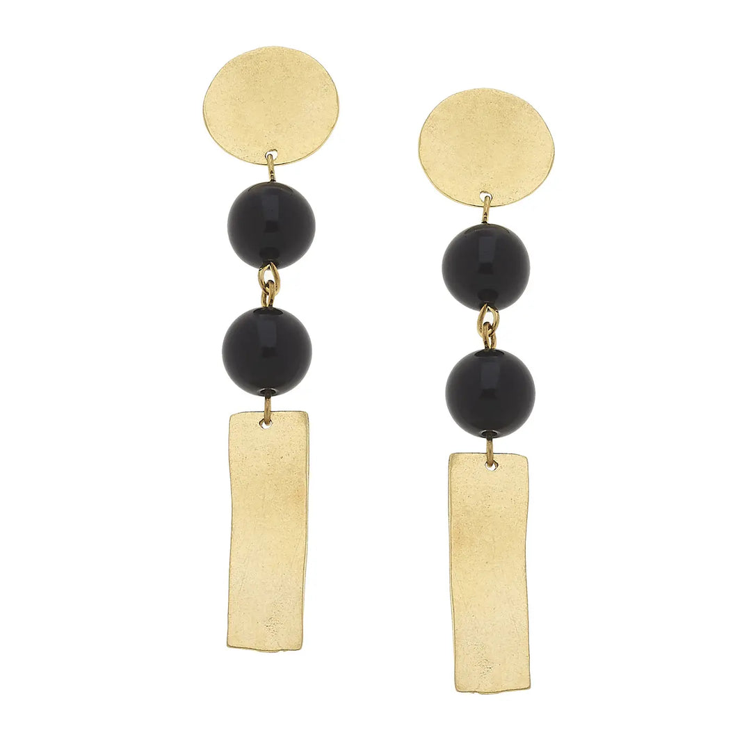 Susan Shaw Gold Round Top with Genuine Black Onyx and Bar Drop Earrings