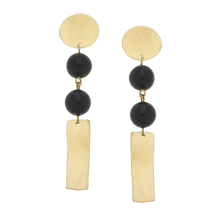 Susan Shaw Gold Round Top with Genuine Black Onyx and Bar Drop Earrings