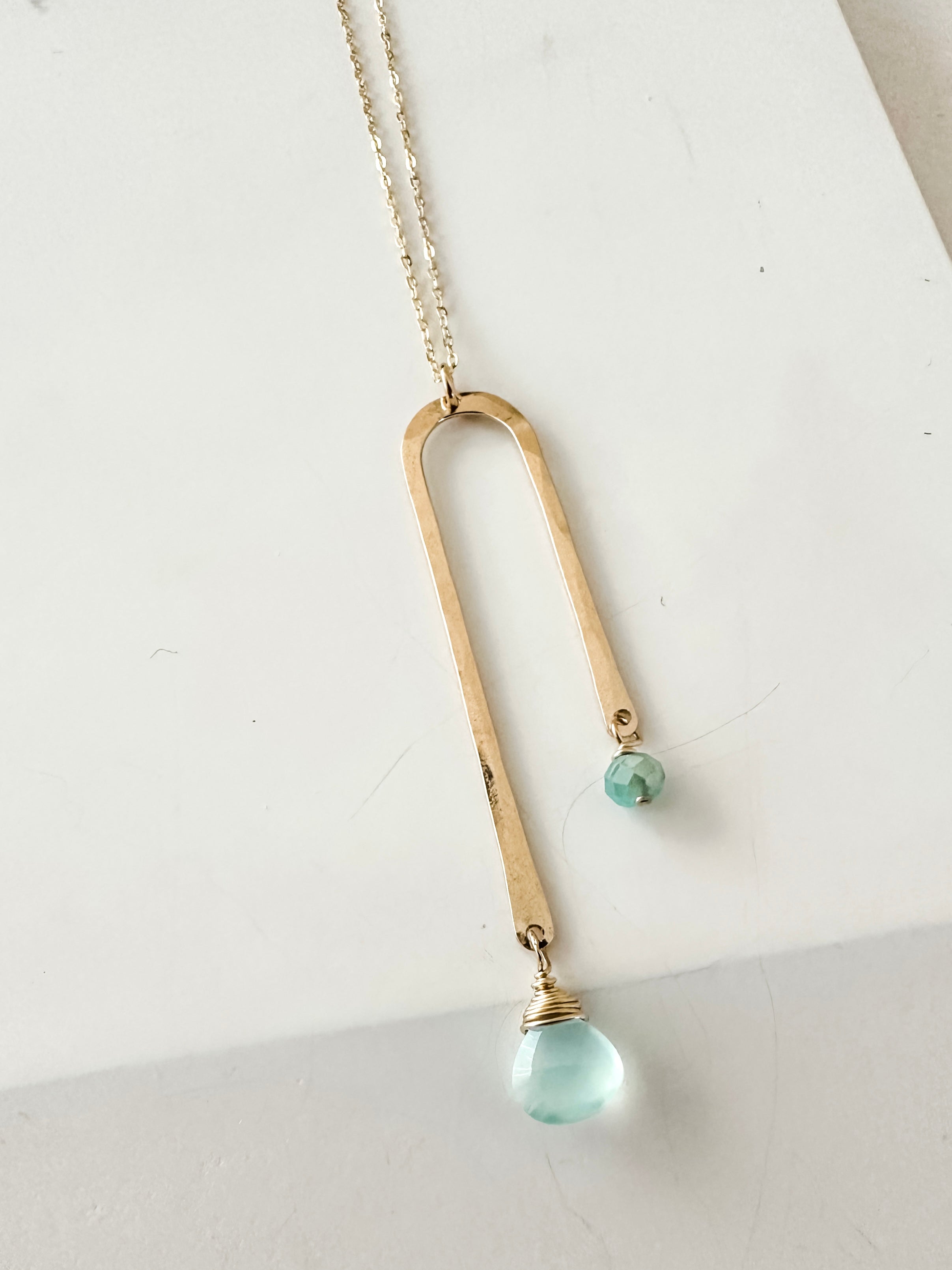 J.Mills Studio-Gold Arch Pendant Aqua/Crystal Necklace