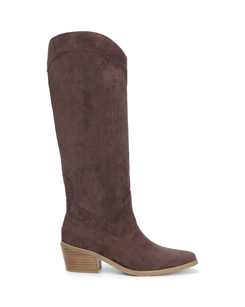 Brown knee-high boot on a white background