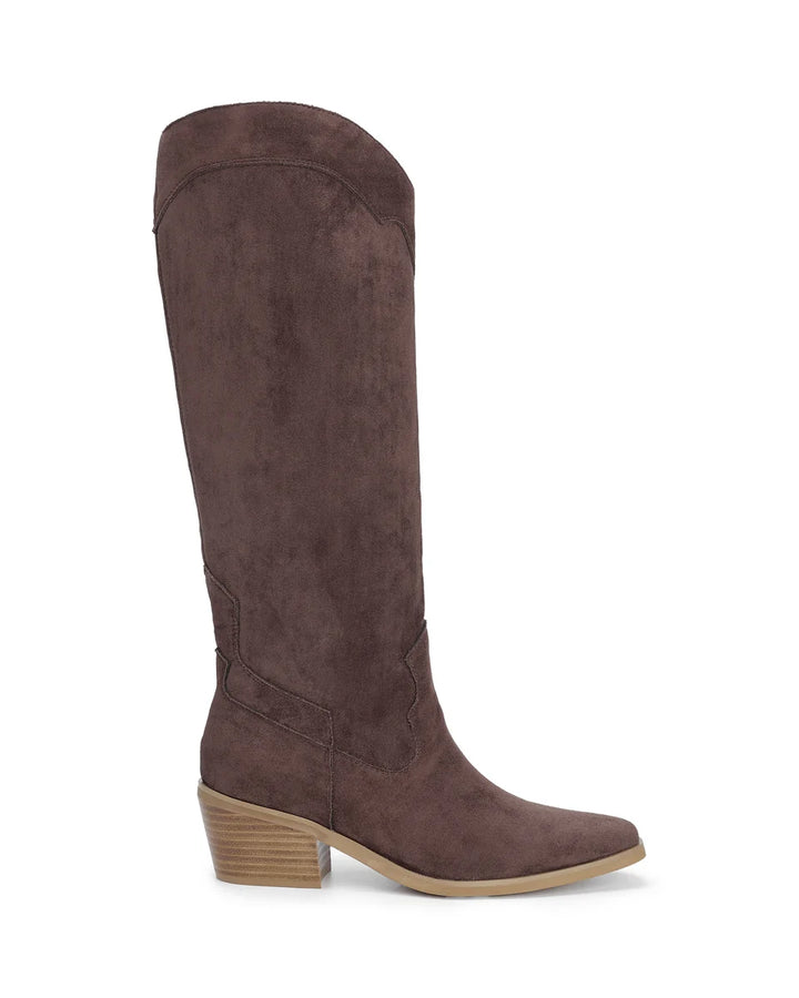 Brown knee-high boot on a white background