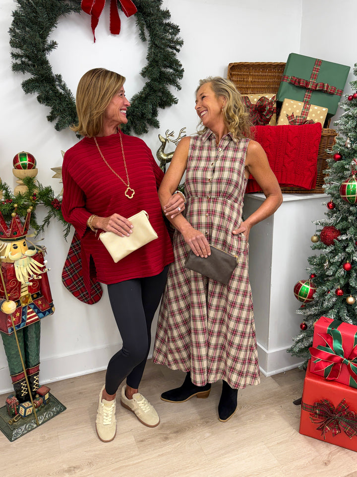 Taupe Plaid Sleeveless Midi Dress