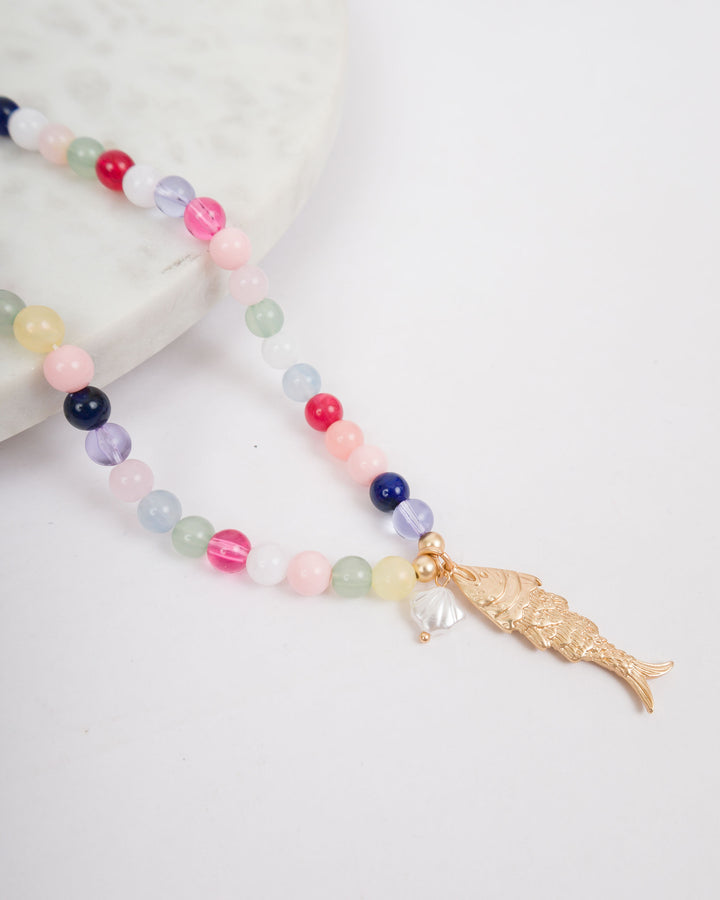 Colored Beads with Fish Pendant Necklace