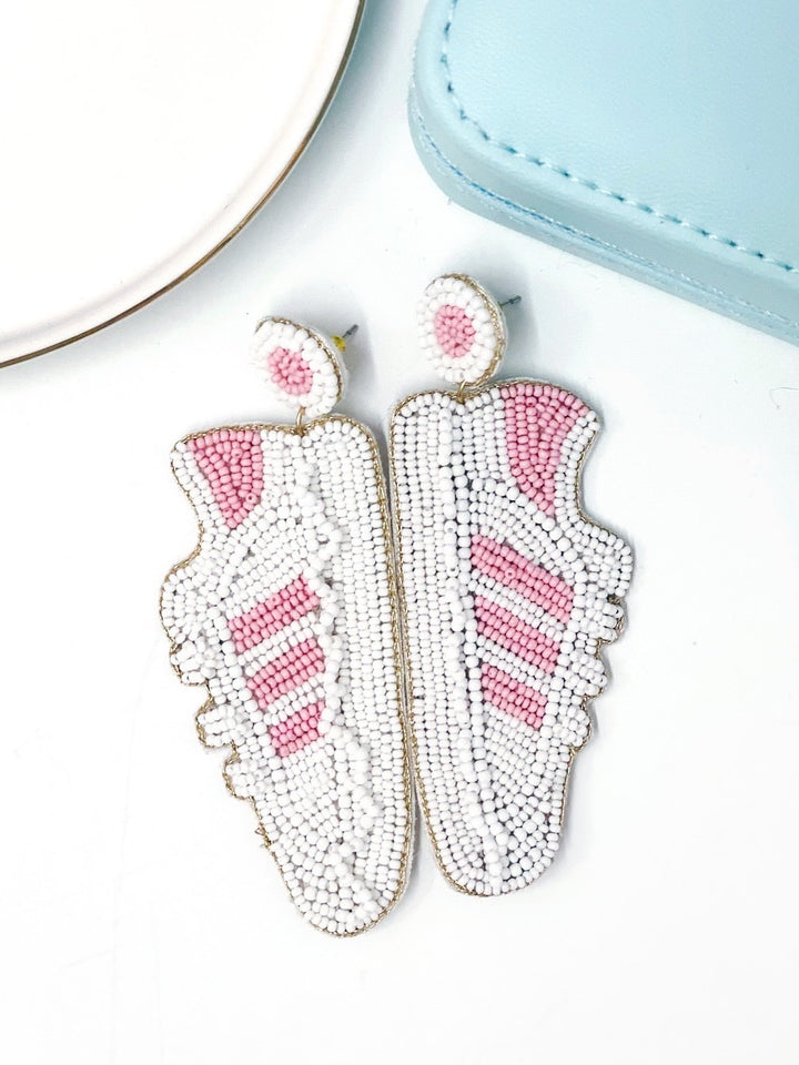Seed Bead-White/Pink Shoe Earrings