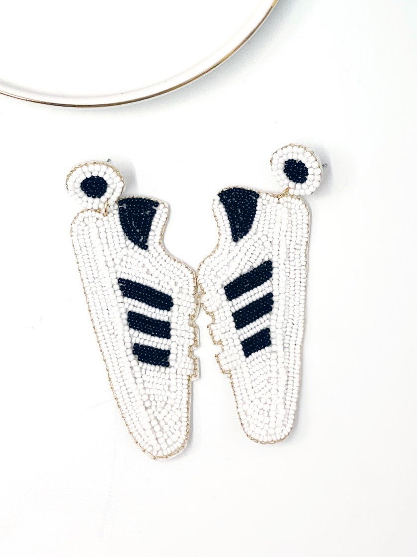 Seed Bead-White/Black Shoe Earrings