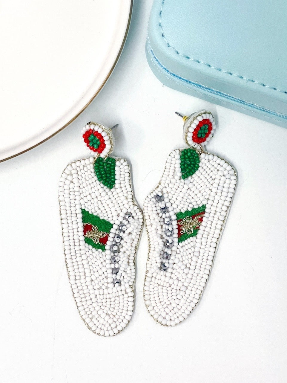 Seed Bead-White/Green Shoe Earrings