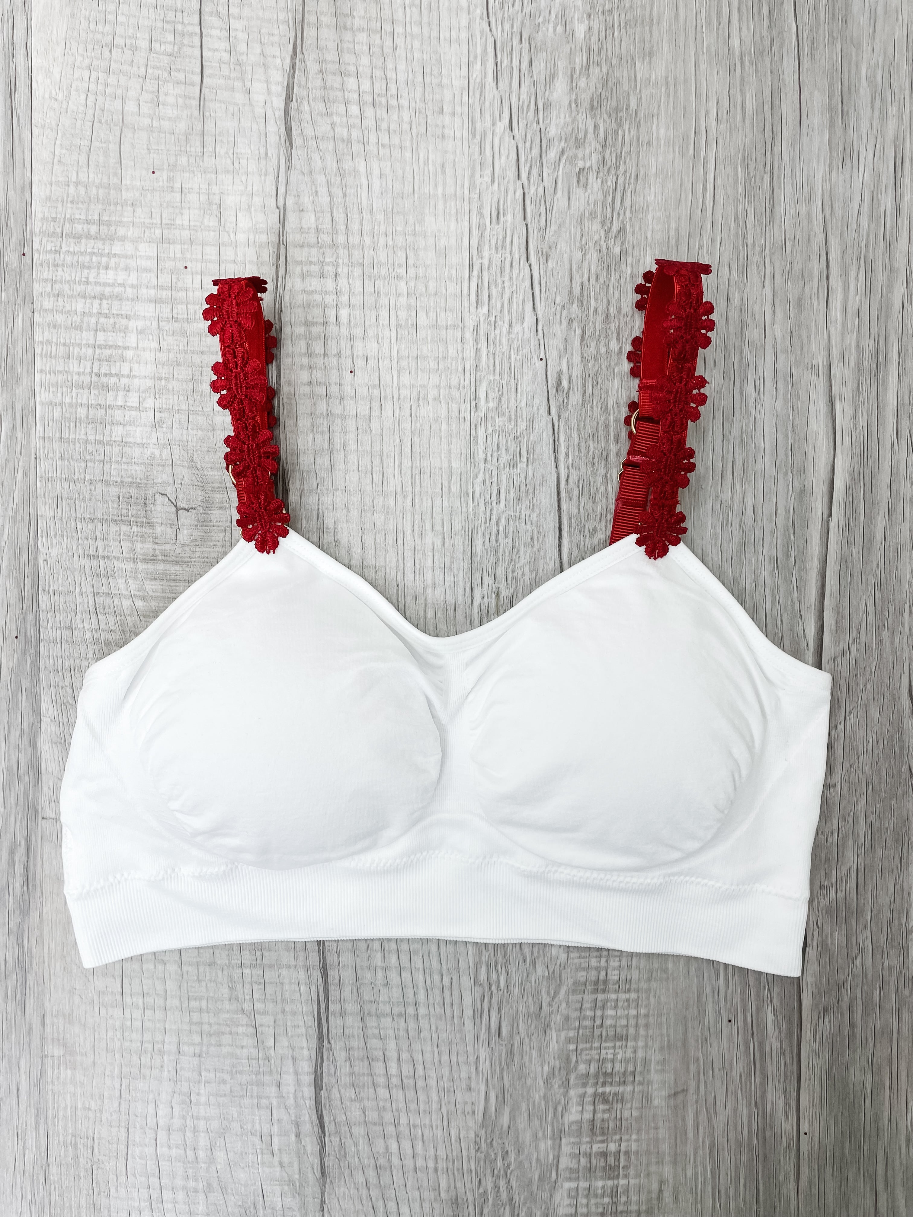 Strap It Bra White With Red Embroidered Flower