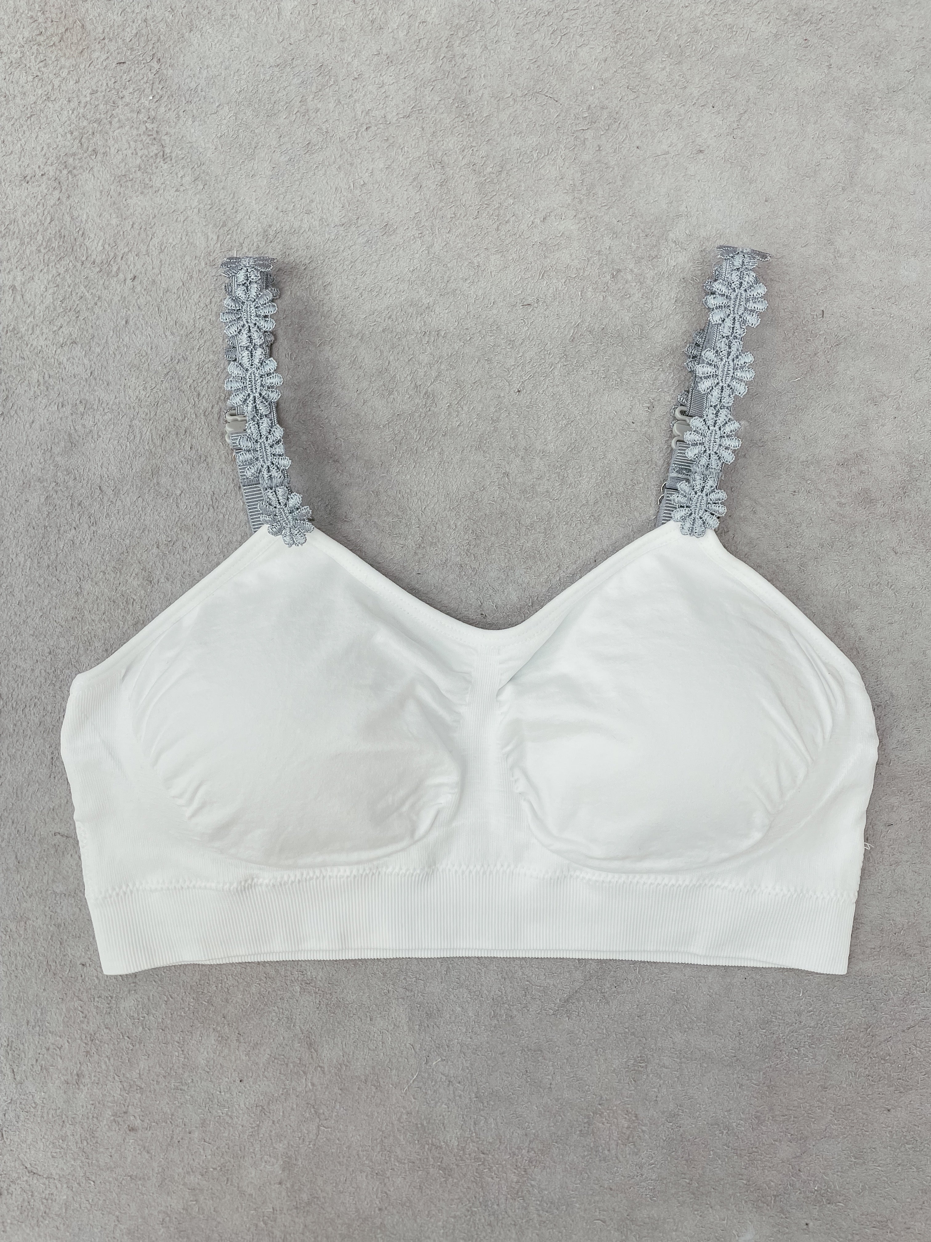 Strap It Bra White With Gray Embroidered Flower