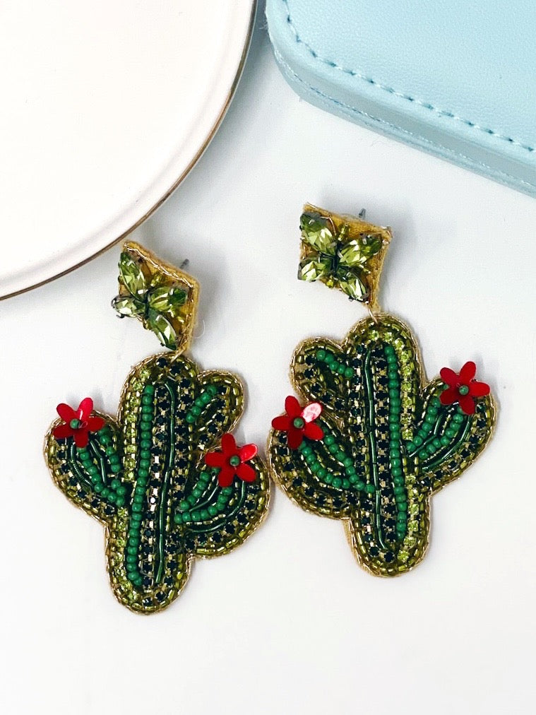 Seed Bead-Bejeweled Cactus Earrings